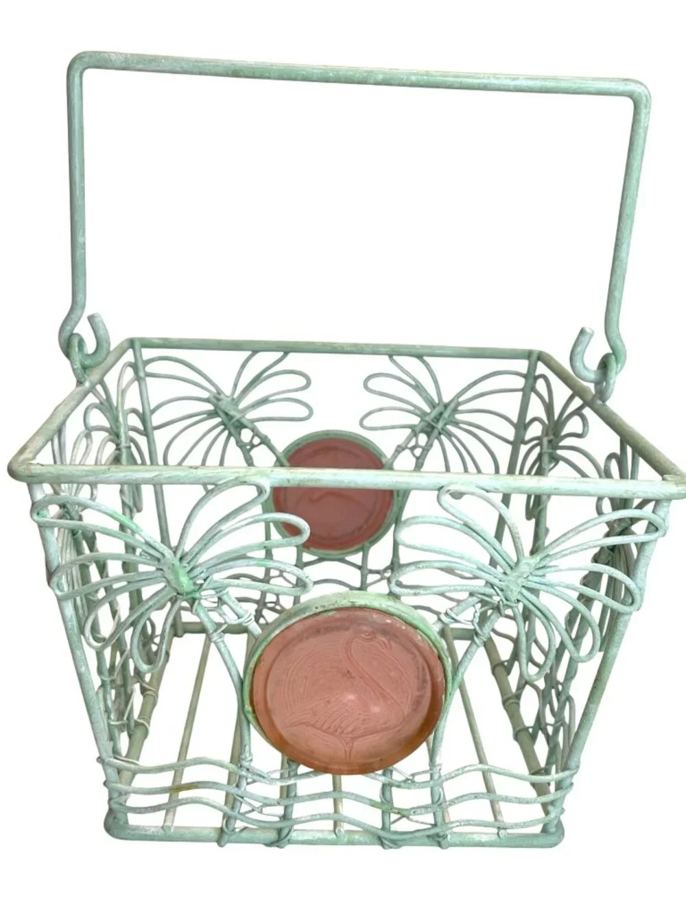 Metal Storage Basket Pink Flamingo Medallion Teal Green Palm Tree Wrought Iron